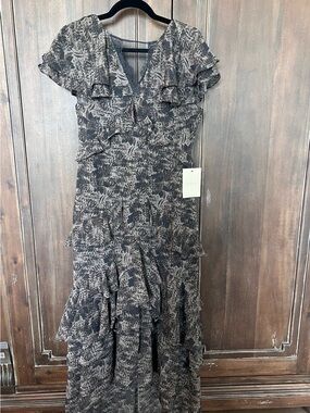 Bohme Ruffle V-Neck Tiered Maxi Dress - Black & Cream